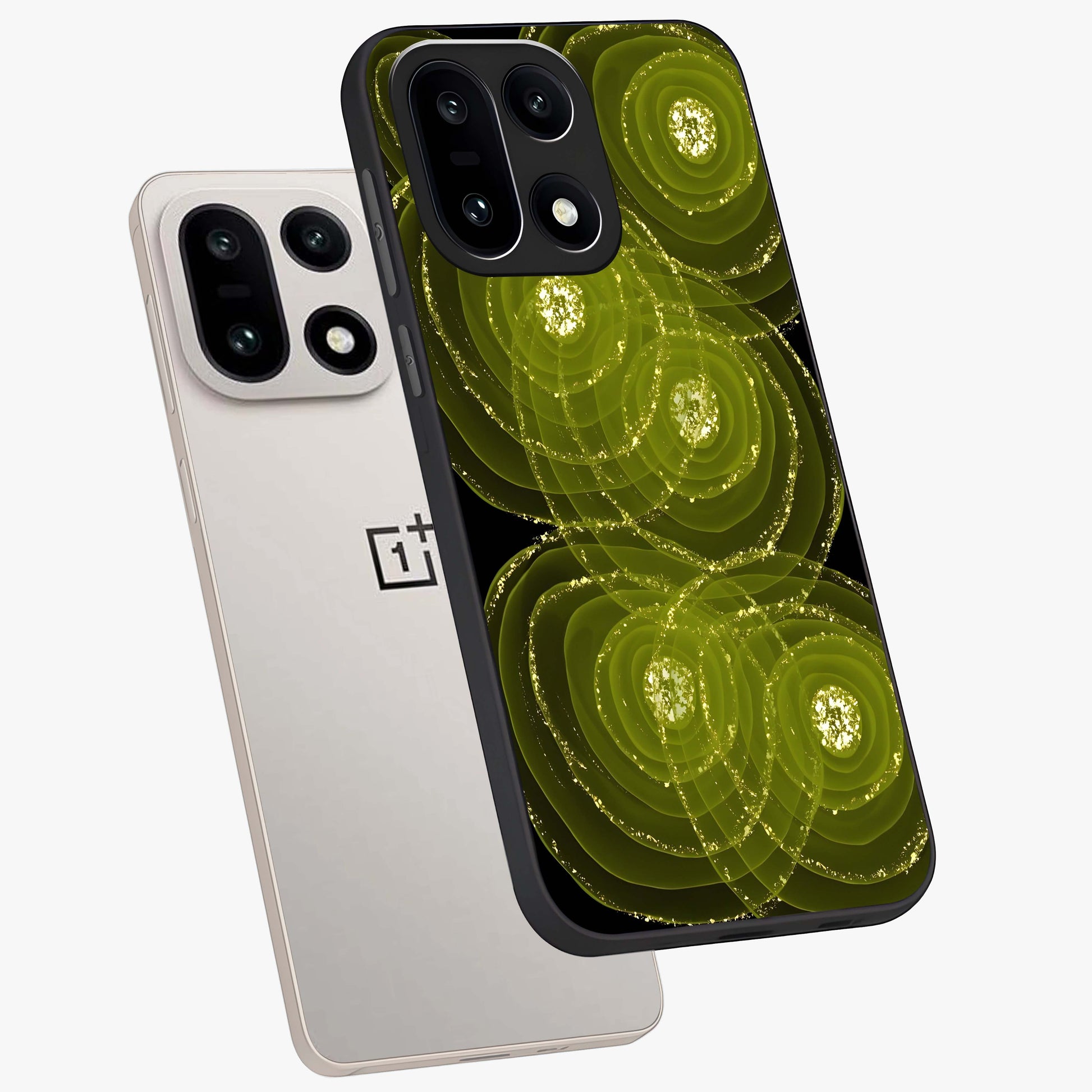 Neon Orbit Bloom Marble Glass Case for 1+15 angled mockup showcasing glossy finish and vibrant bloom detailing