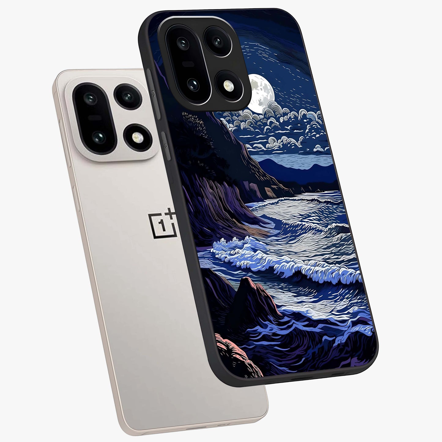Night Moon Scenery Pattern Glass Case for 1+15 angled mockup showcasing glossy finish and deep night tones