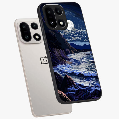 Night Moon Scenery Pattern Glass Case for 1+15 angled mockup showcasing glossy finish and deep night tones