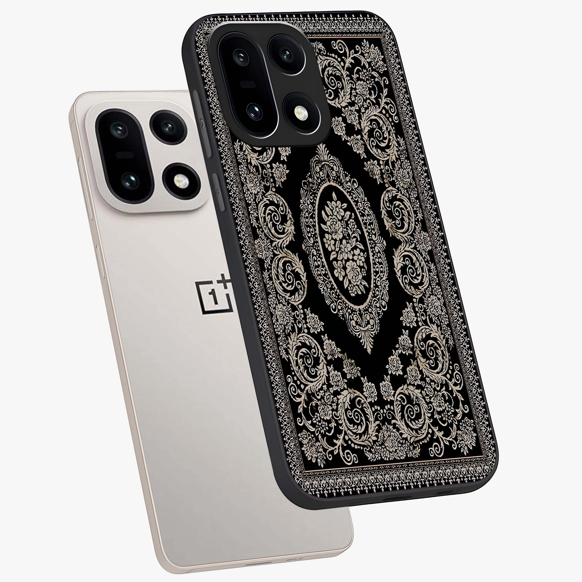 Noir Bloom Elegance Glass Case for 1+15 angled mockup showcasing glossy finish and refined bloom detailing