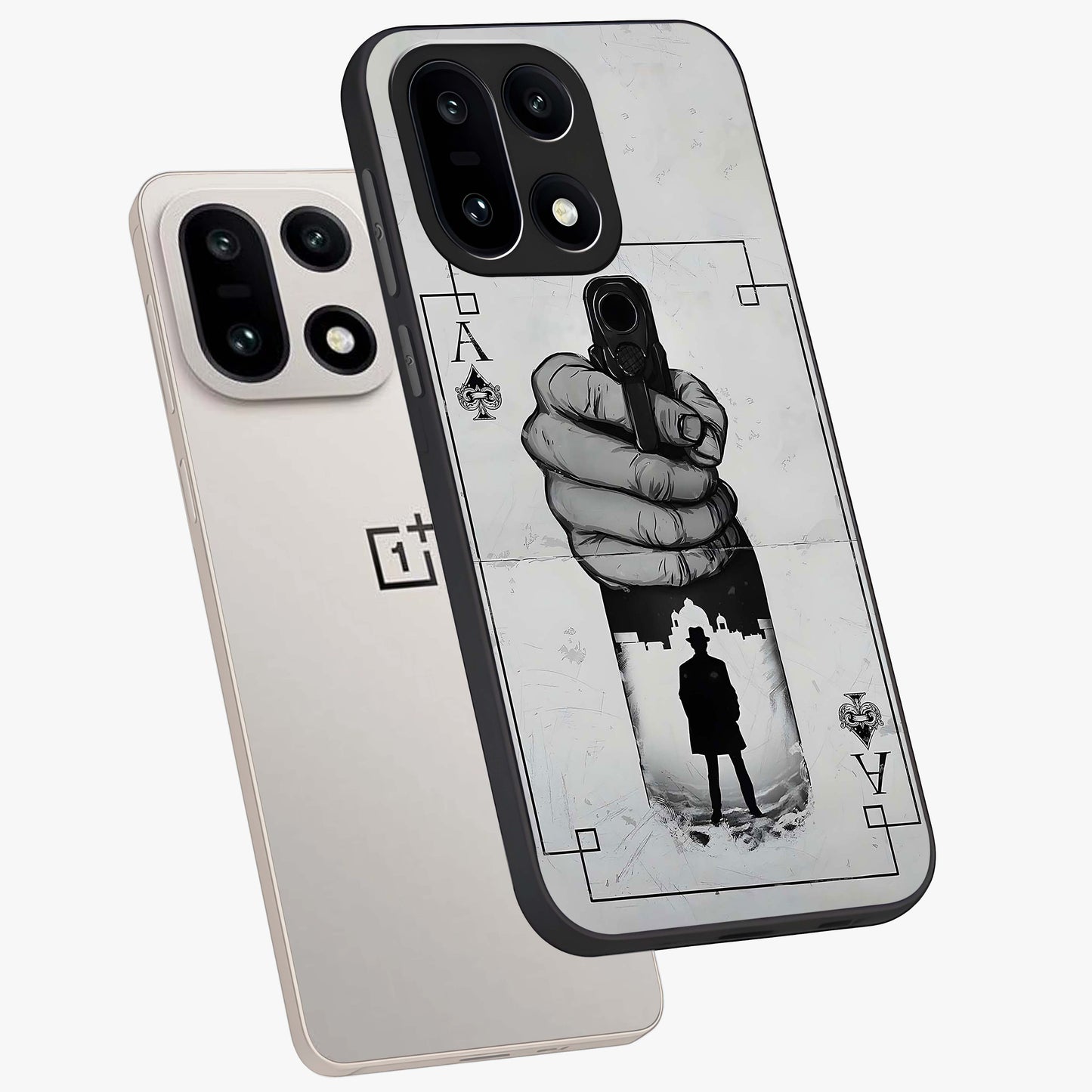 Noir Trigger Fate Glass Case for 1+15 angled mockup showcasing glossy finish and intense shadow detailing