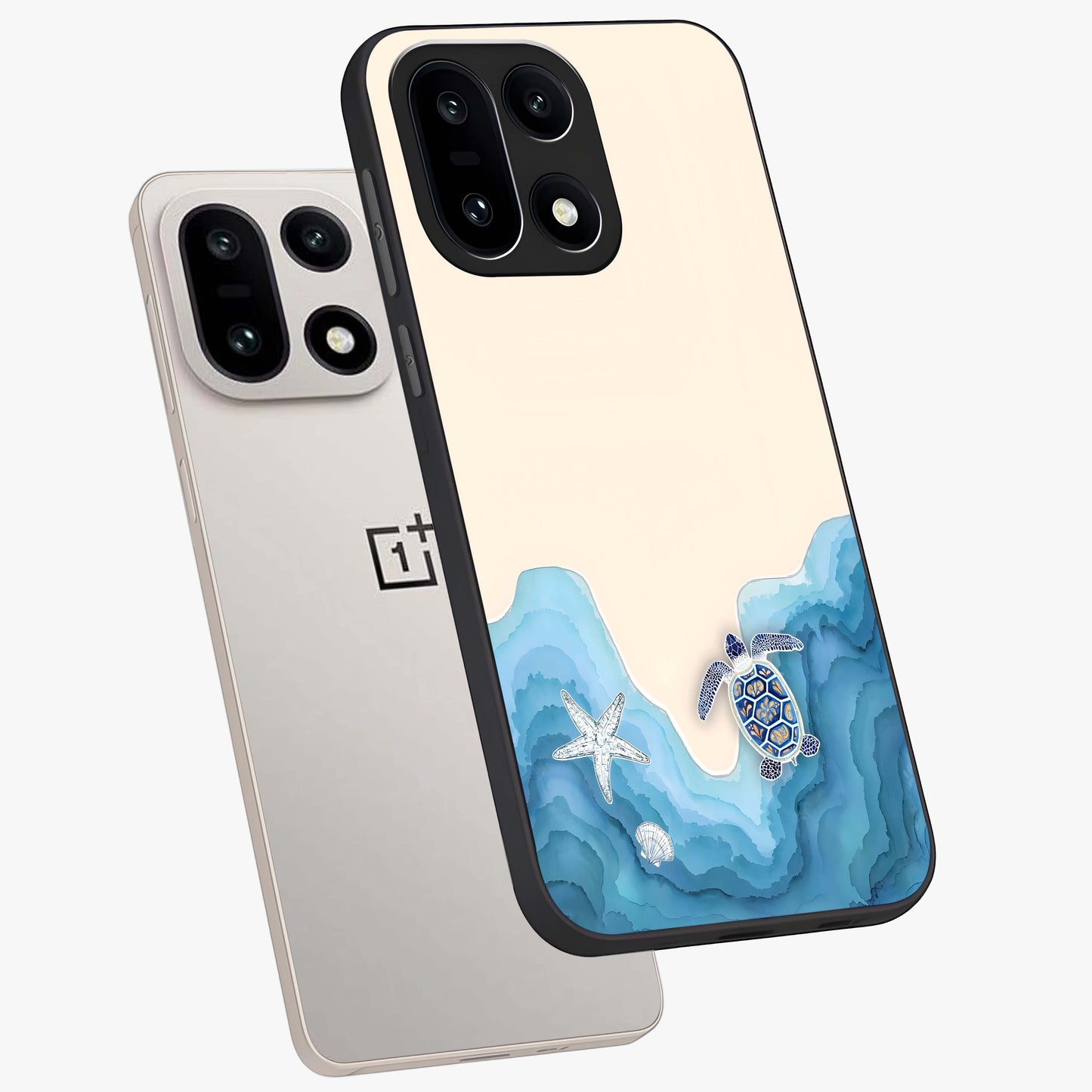 Ocean Drift Turtle Glass Case for 1+15 angled mockup showcasing glossy glass finish and fluid wave detailing