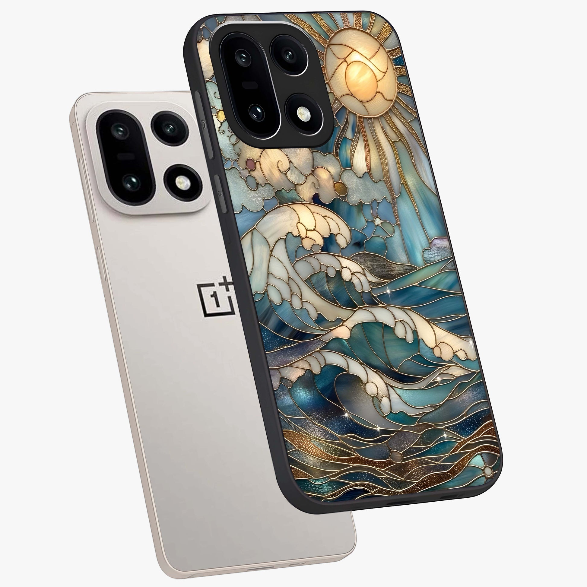 Oceanic Stained Printed Glass Case for 1+15 angled mockup showcasing glossy finish and rich aquatic tones