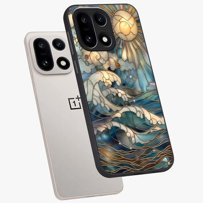 Oceanic Stained Printed Glass Case for 1+15 angled mockup showcasing glossy finish and rich aquatic tones