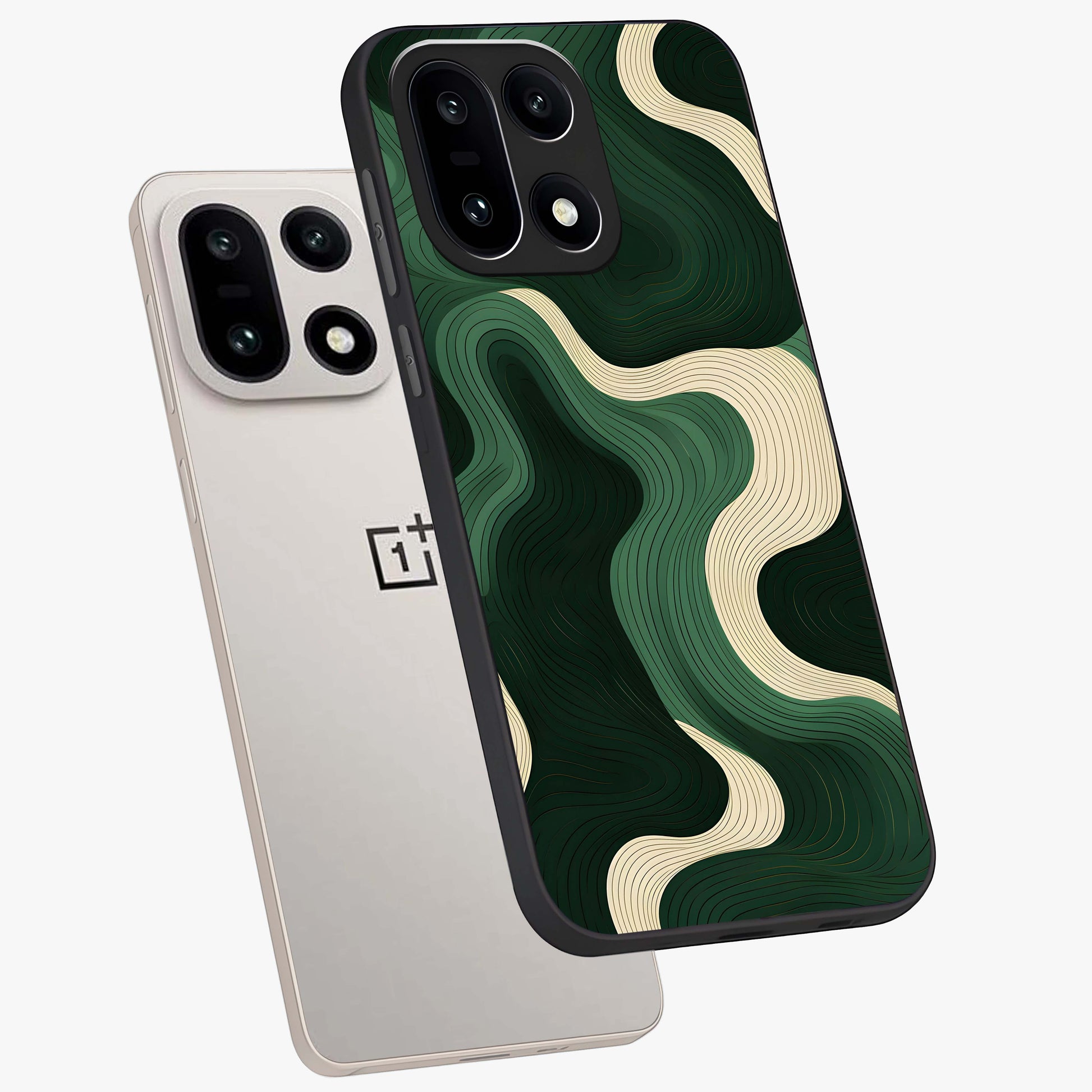 Organic Swirl Design Glass Case for 1+15 angled mockup showcasing glossy finish and smooth gradient tones