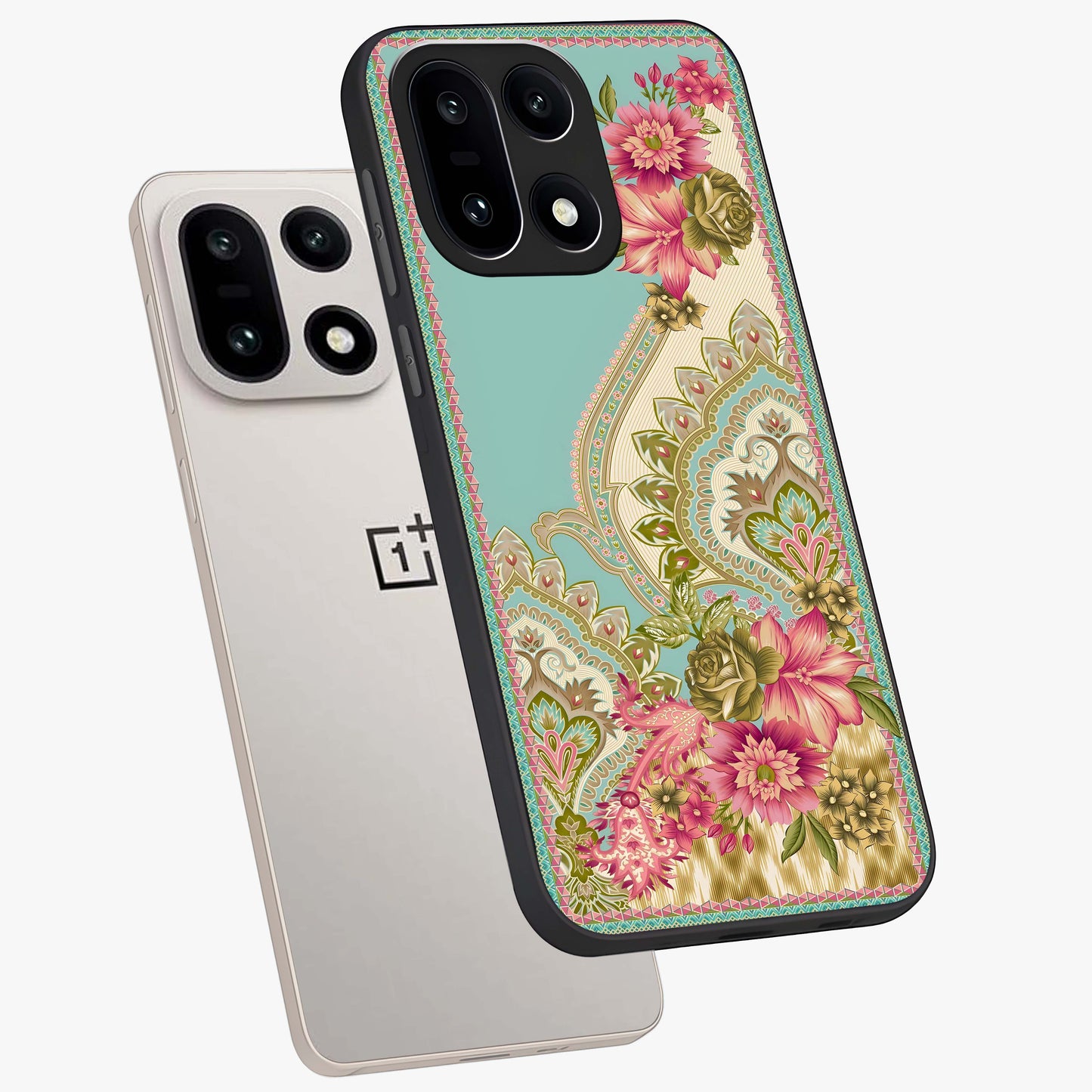 Ornate Mughal Floral Pattern Glass Case for 1+15 angled mockup showcasing glossy finish and rich heritage detailing