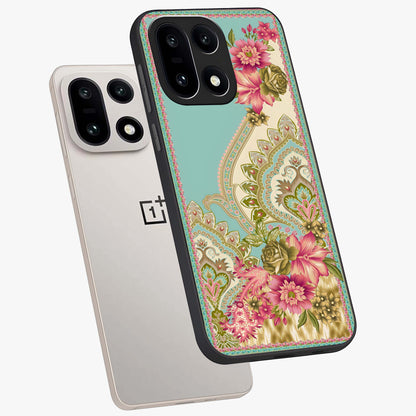 Ornate Mughal Floral Pattern Glass Case for 1+15 angled mockup showcasing glossy finish and rich heritage detailing