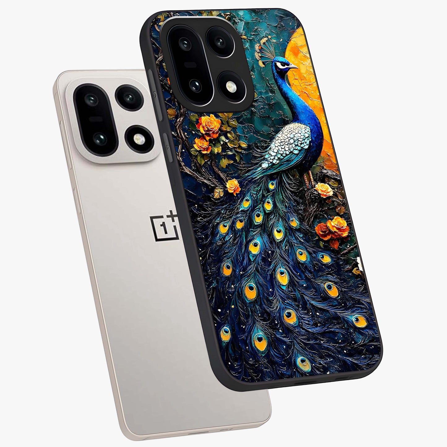 Peacock With Yellow Moon Glass Case for 1+15 angled mockup showcasing glossy finish and deep night tones