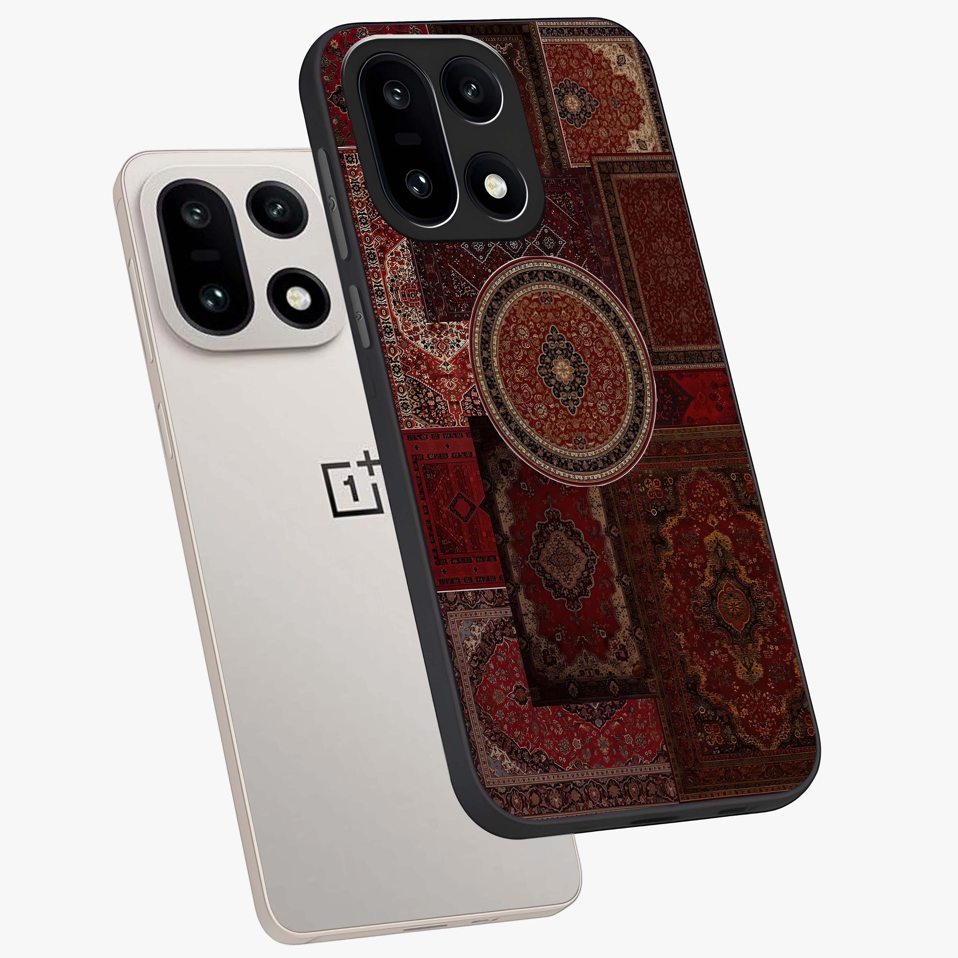 Persian Heritage Collage Glass Case for 1+15 angled mockup showcasing glossy finish and detailed ornamental patterns