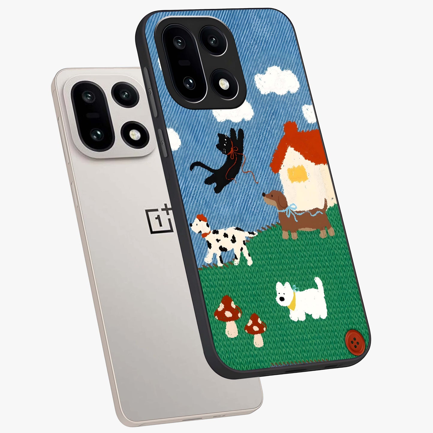Pet Adventures Glass Case for 1+15 angled mockup showcasing glossy finish and vibrant cartoon tones