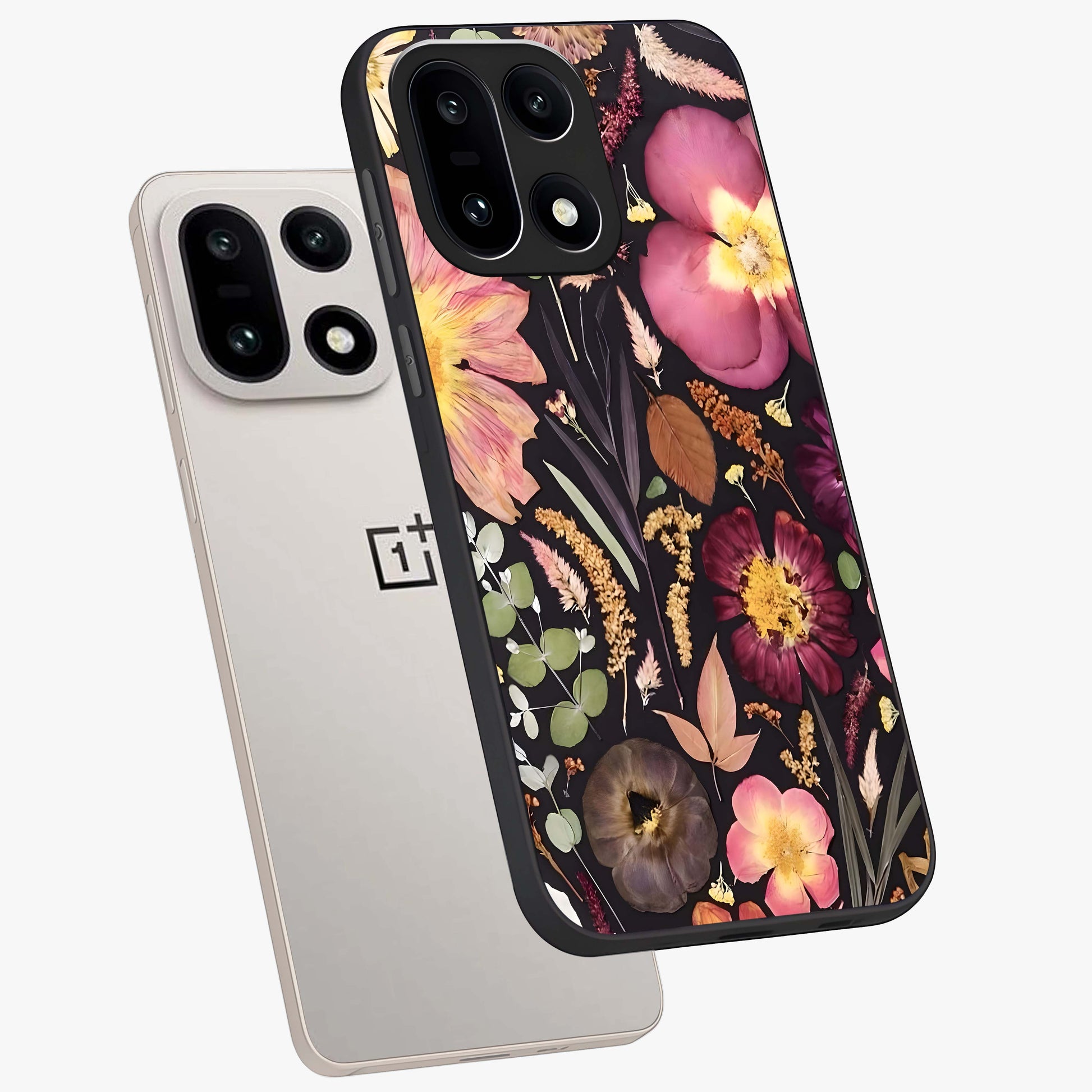 Petal Dream Tapestry Glass Case for 1+15 angled mockup showcasing glossy finish and rich bloom detailing