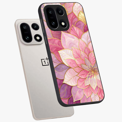Petal Luxe Bloom Glass Case for 1+15 angled mockup showcasing glossy finish and vibrant bloom accents