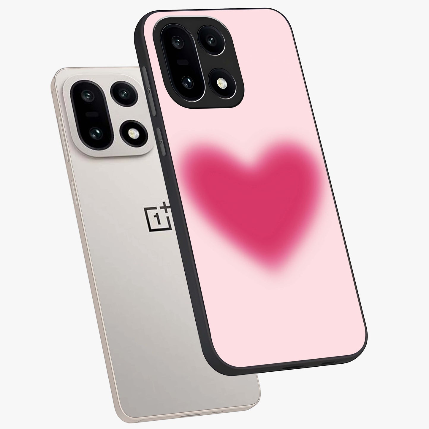 Pink Aura Heart Glass Case for 1+15 angled mockup showcasing glossy glass finish and radiant aura detailing