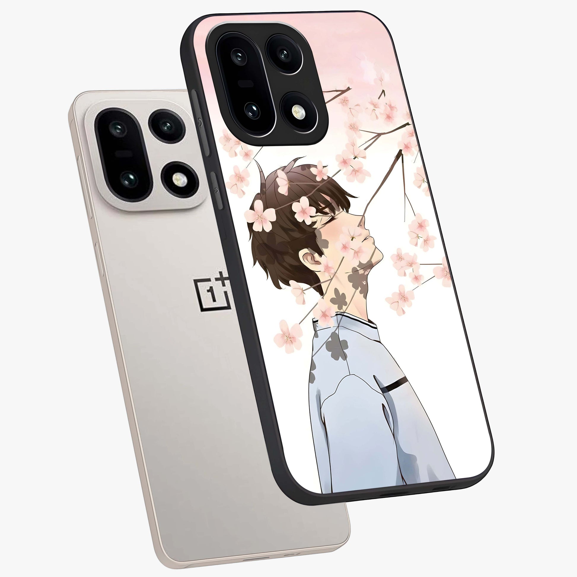 Pink Blossom Boy Glass Case for 1+15 angled mockup showcasing glossy finish and soft bloom tones