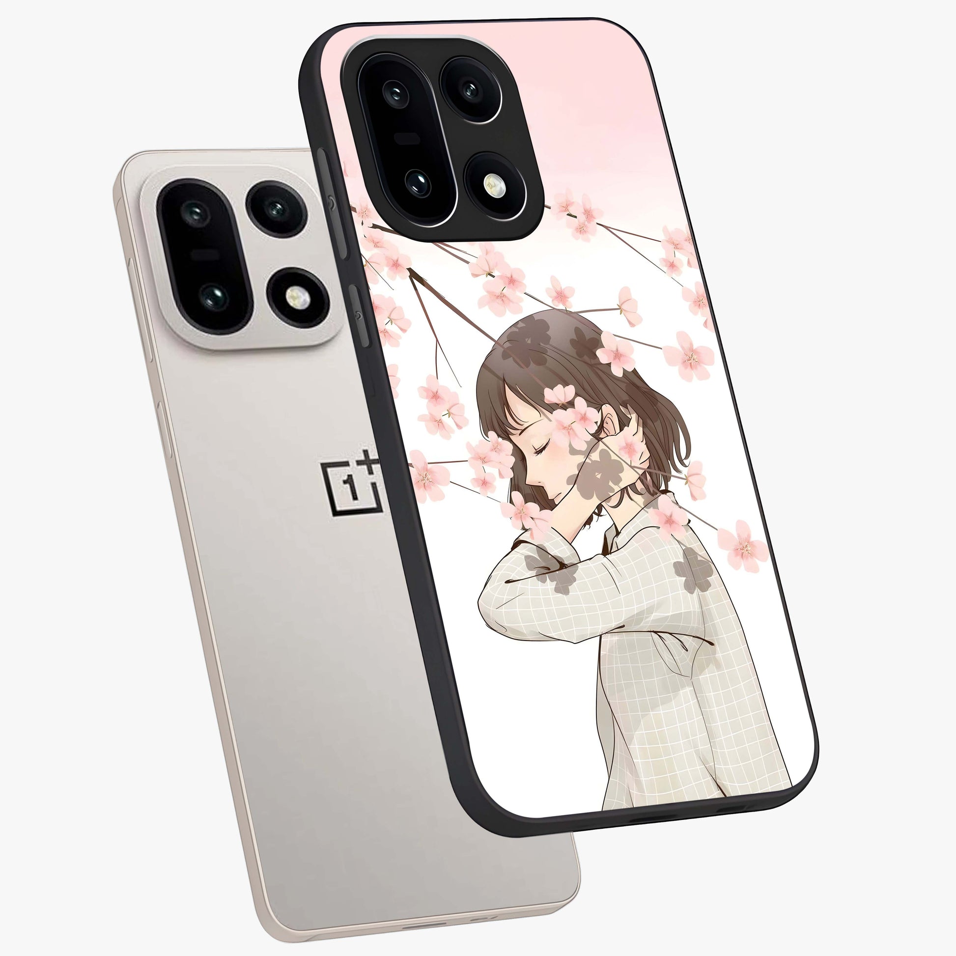 Pink Blossom Girl Glass Case for 1+15 angled mockup showcasing glossy finish and pastel floral detailing