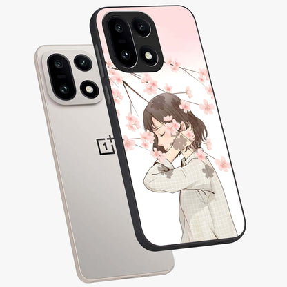 Pink Blossom Girl Glass Case for 1+15 angled mockup showcasing glossy finish and pastel floral detailing