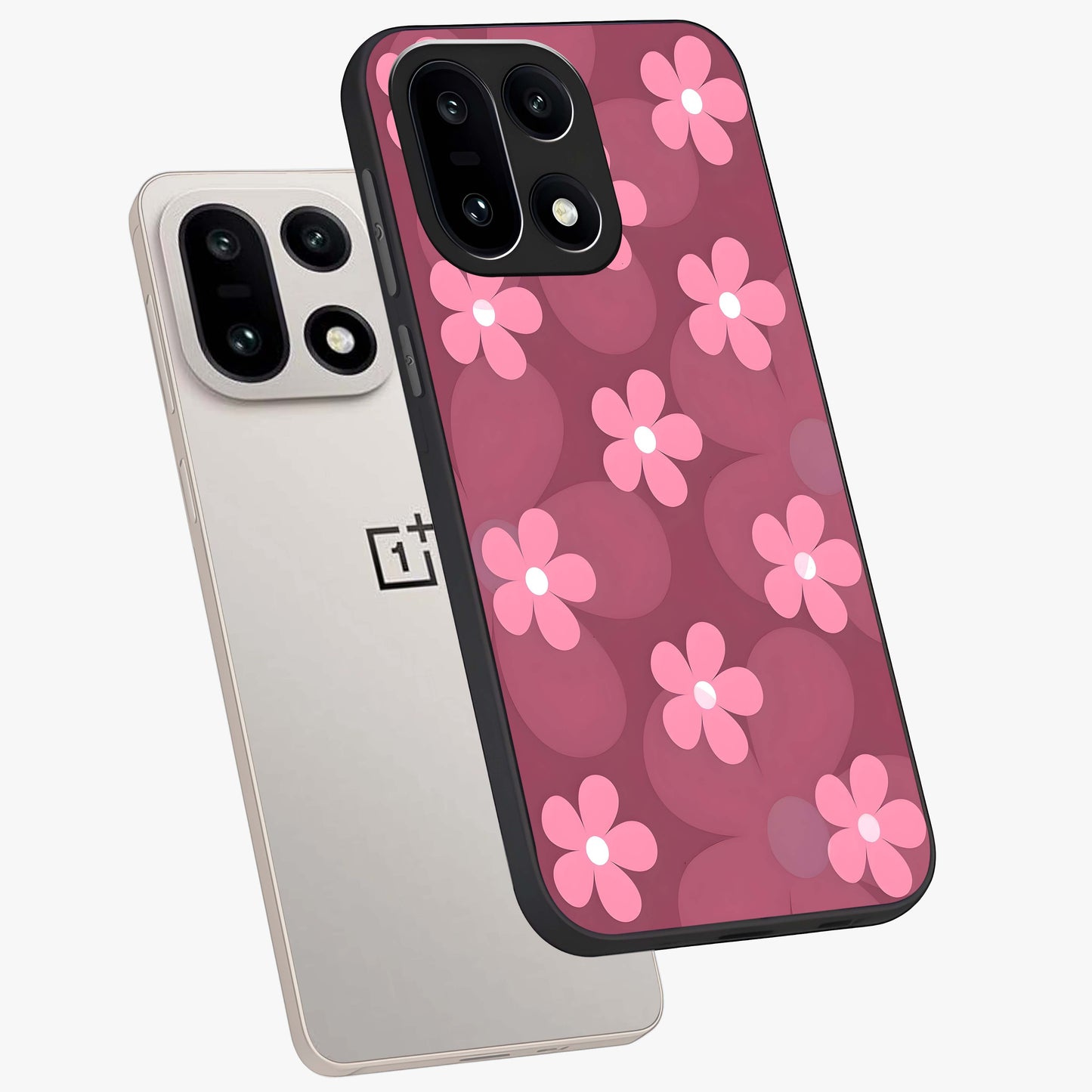 Pink Daisy Flower Pattern Glass Case for 1+15 angled mockup showcasing glossy finish and playful bloom detailing