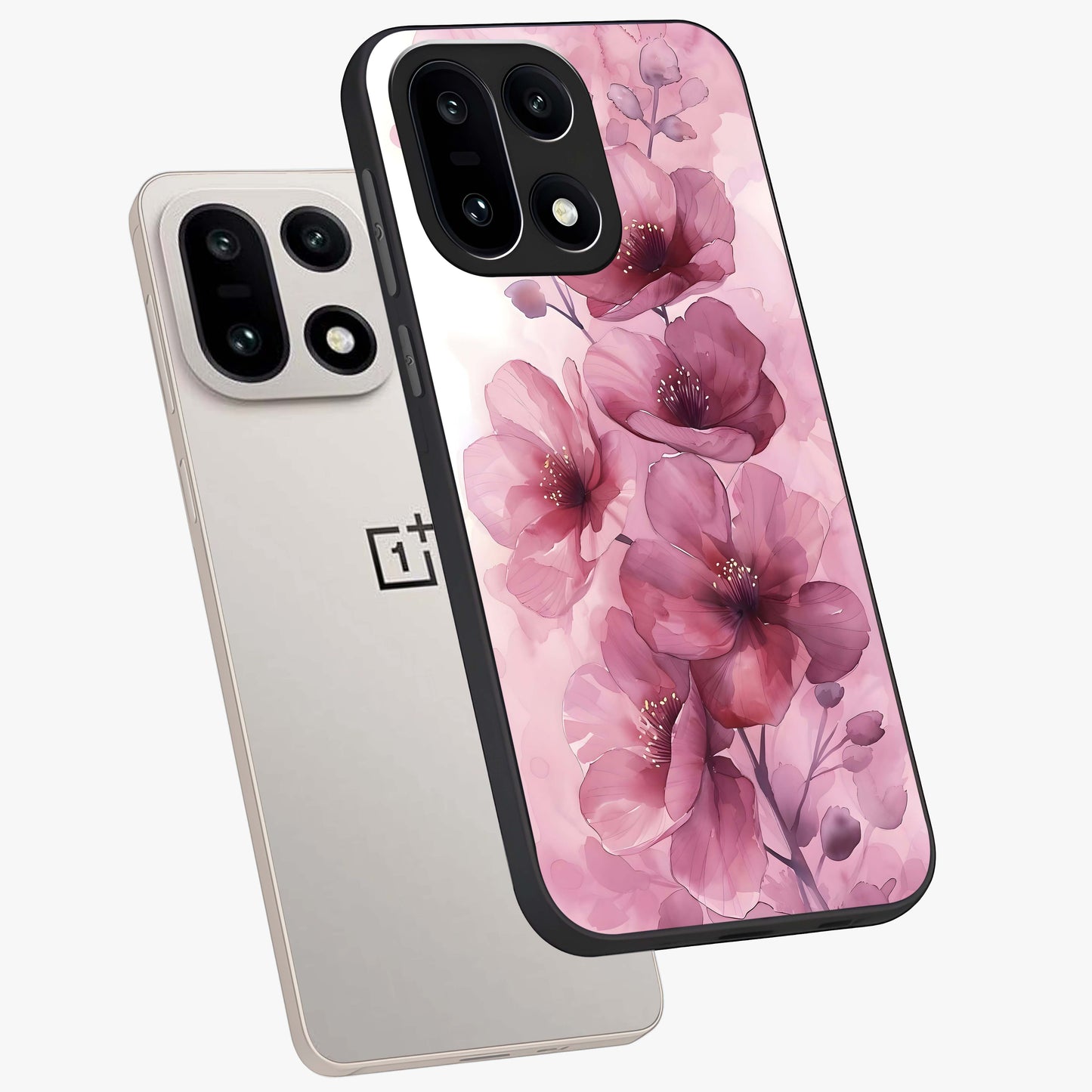 Pink Floral Glass Case for 1+15 angled mockup showcasing glossy finish and delicate bloom detailing
