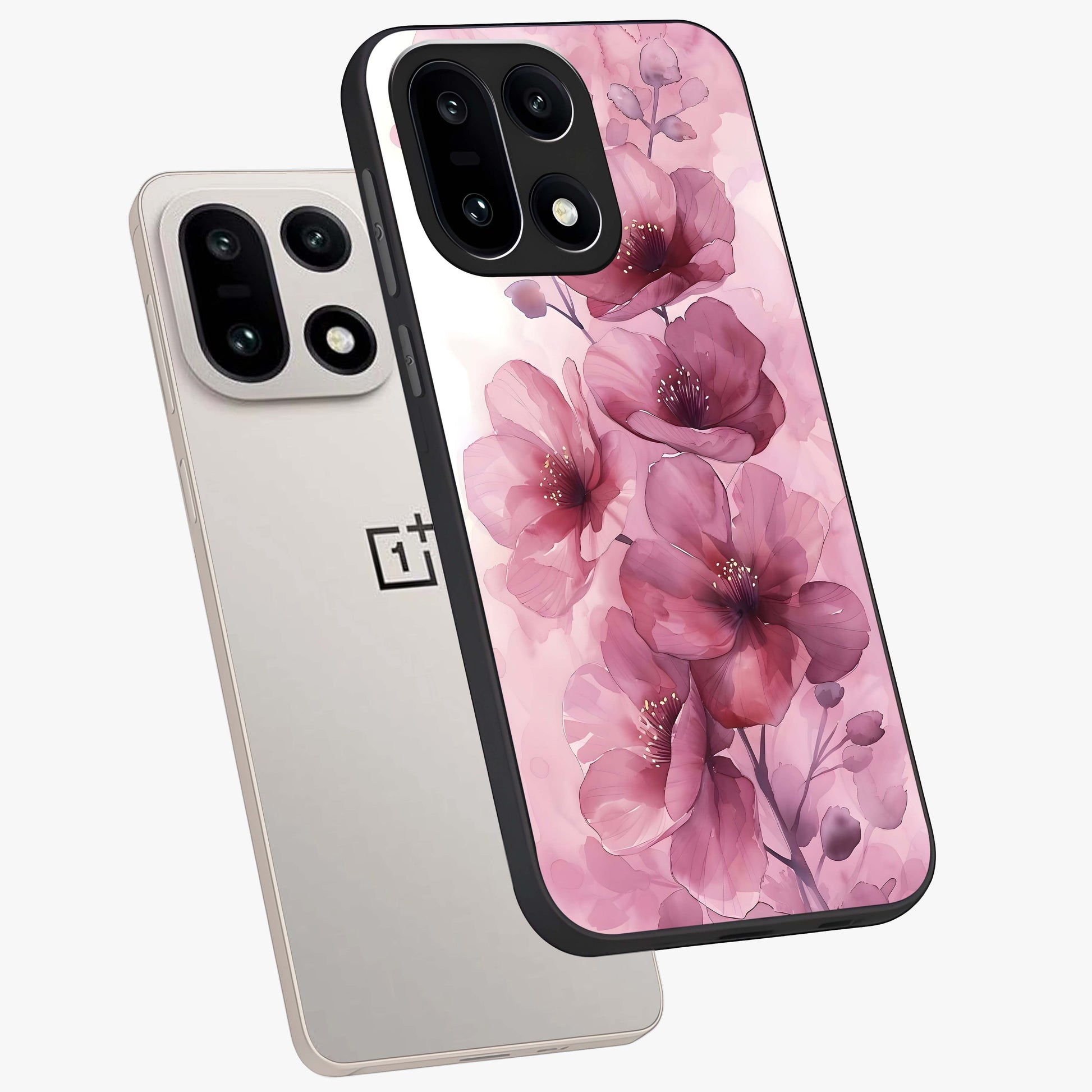 Pink Floral Glass Case for 1+15 angled mockup showcasing glossy finish and delicate bloom detailing