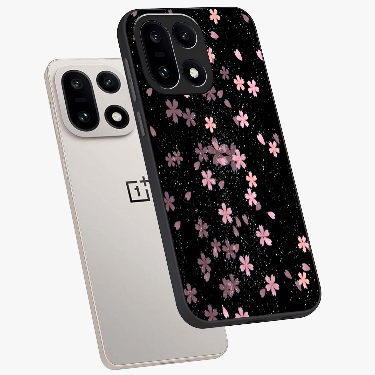 Pink Flower Black Background Glass Case for 1+15 angled mockup showcasing glossy finish and bold contrast tones