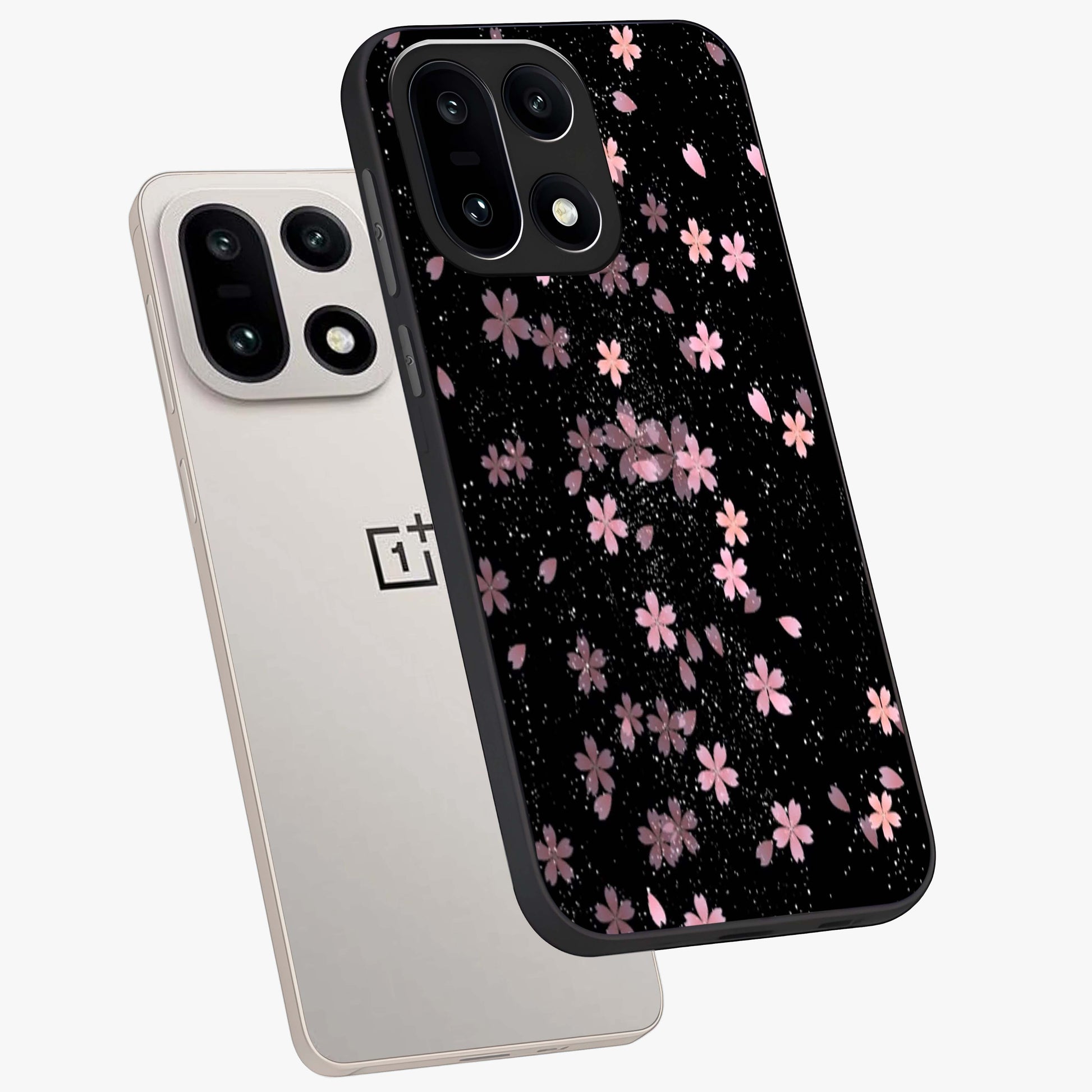 Pink Flower Black Background Glass Case for 1+15 angled mockup showcasing glossy finish and bold contrast tones
