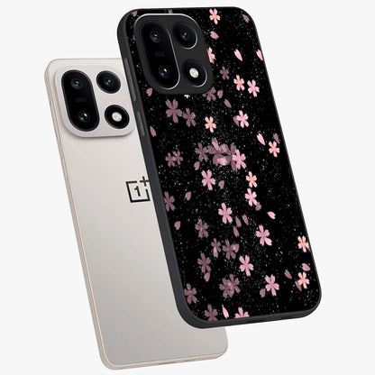 Pink Flower Black Background Glass Case for 1+15 angled mockup showcasing glossy finish and bold contrast tones