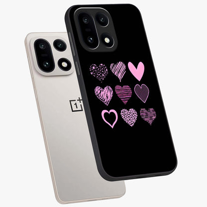Pink Heart Aesthetic Glass Case for 1+15 angled mockup showcasing glossy finish and pastel romantic detailing