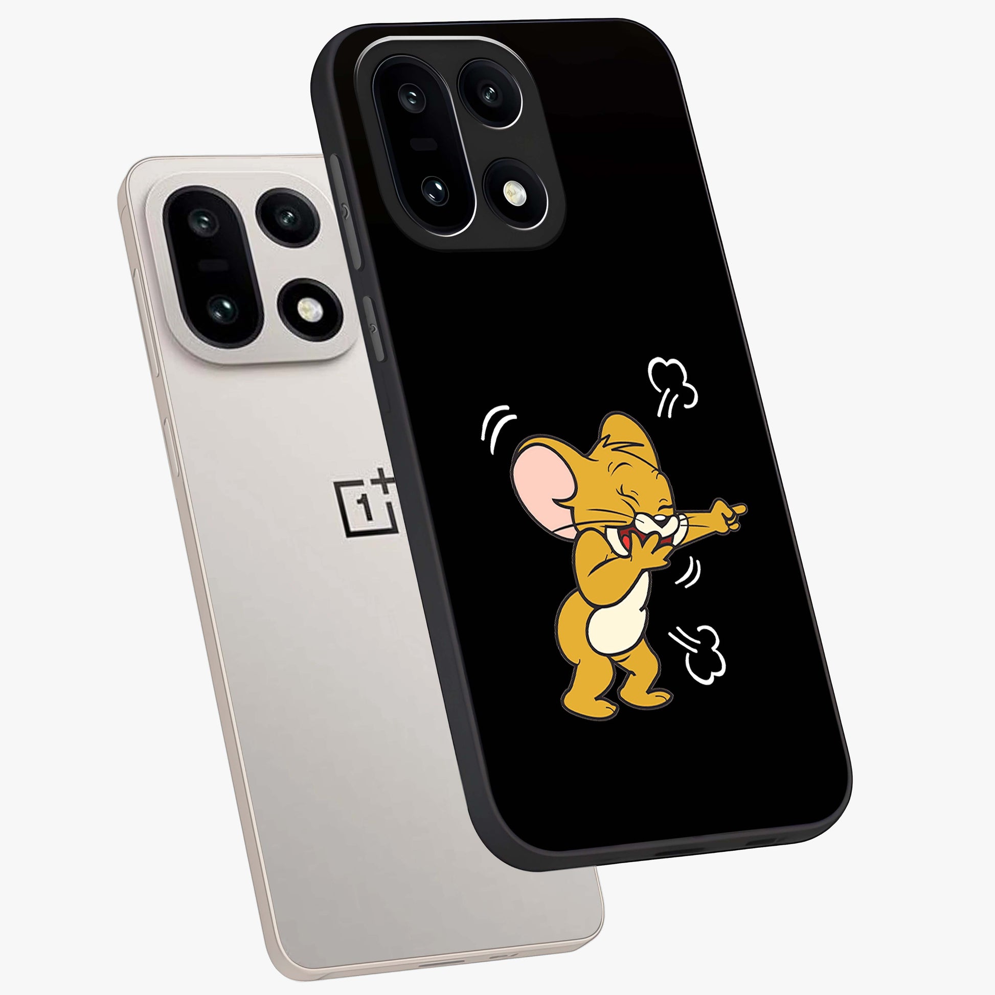 Playful Jerry Vibes Glass Case for 1+15 angled mockup showcasing glossy finish and vibrant character detailing