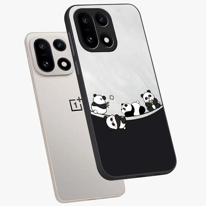 Playful Panda Parade Glass Case for 1+15 angled mockup showcasing glossy finish and soft pastel tones