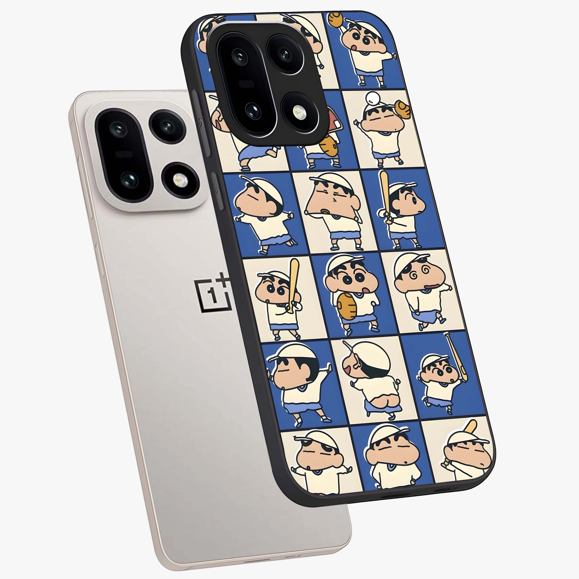 Playful Shin Swing Glass Case for 1+15 angled mockup showcasing glossy finish and vibrant cartoon detailing