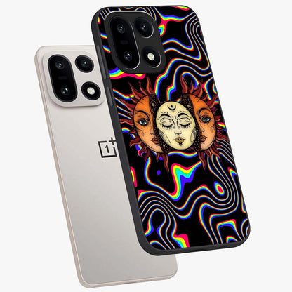 Psychedelic Sun Glass Case for 1+15 angled mockup showcasing glossy finish and bold abstract detailing