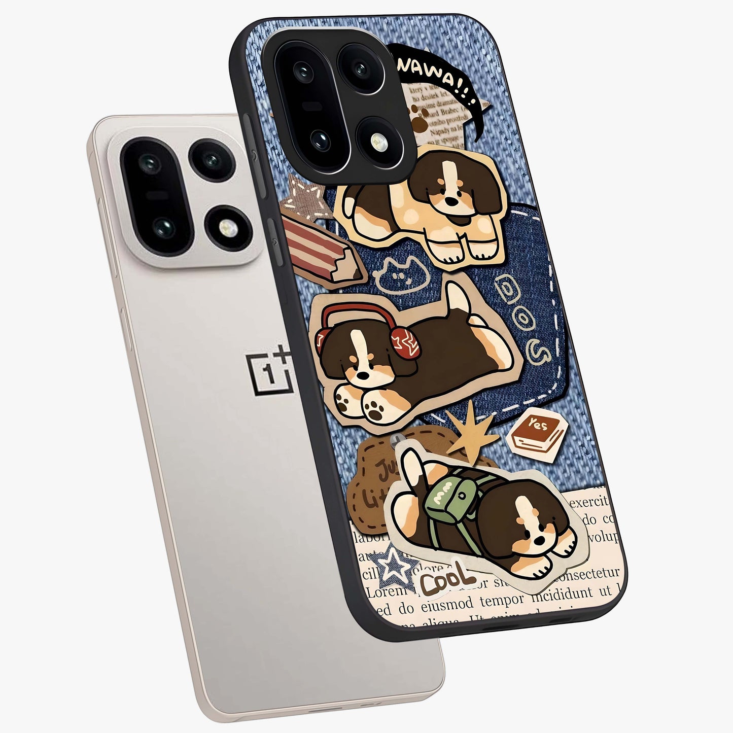 Puppy Sticker Parade Glass Case for 1+15 angled mockup showcasing glossy finish and colorful cartoon detailing