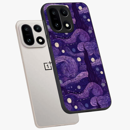 Purple Swirls Glass Case for 1+15 angled mockup showcasing glossy finish and smooth gradient detailing