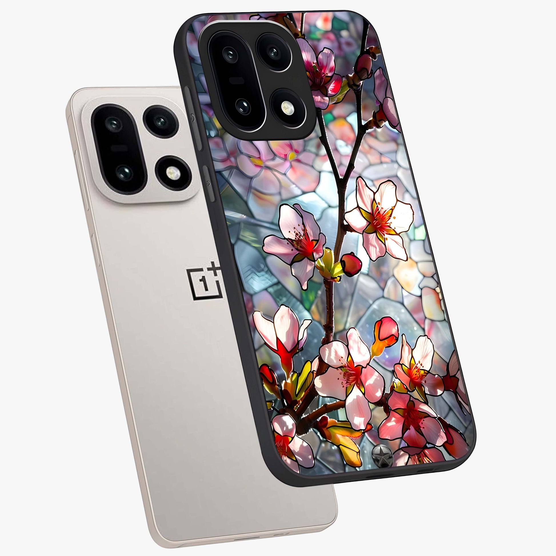 Radiant Bloom Glow Glass Case for 1+15 angled mockup showcasing glossy finish and luminous detailing