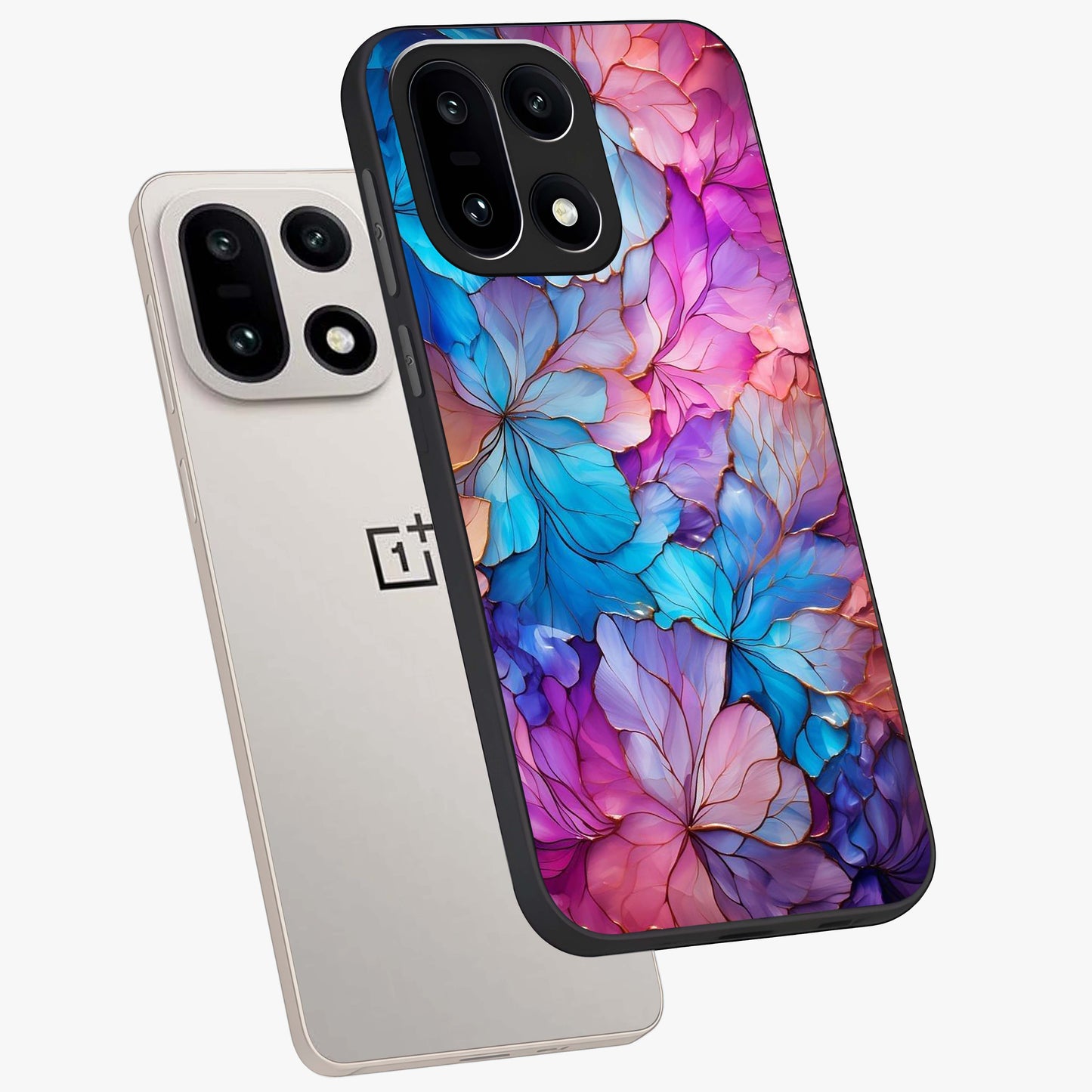 Radiant Floral Whirl Glass Case for 1+15 angled mockup showcasing glossy finish and dynamic bloom tones