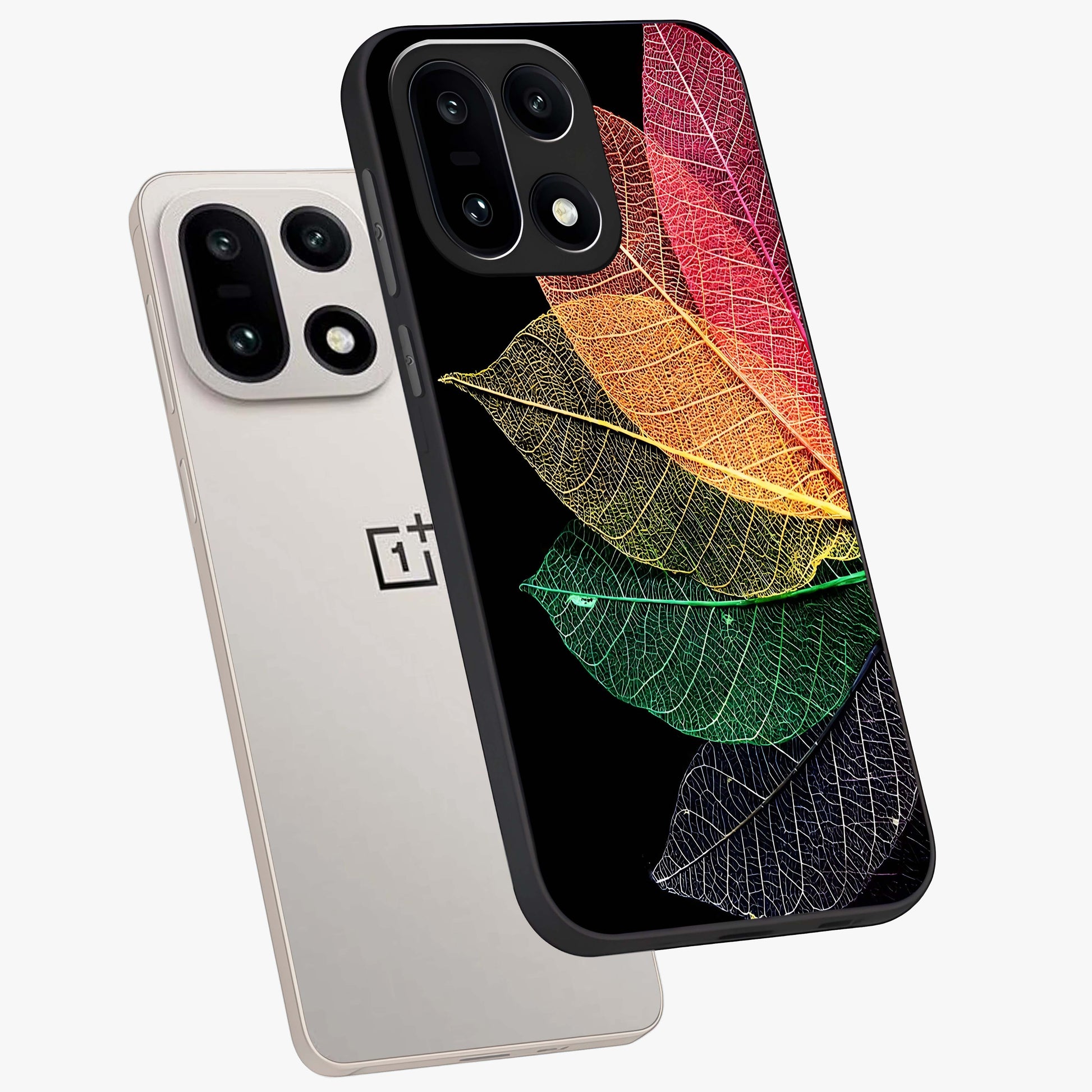 Rainbow Leaf Glow Glass Case for 1+15 angled mockup showcasing glossy finish and radiant gradient tones