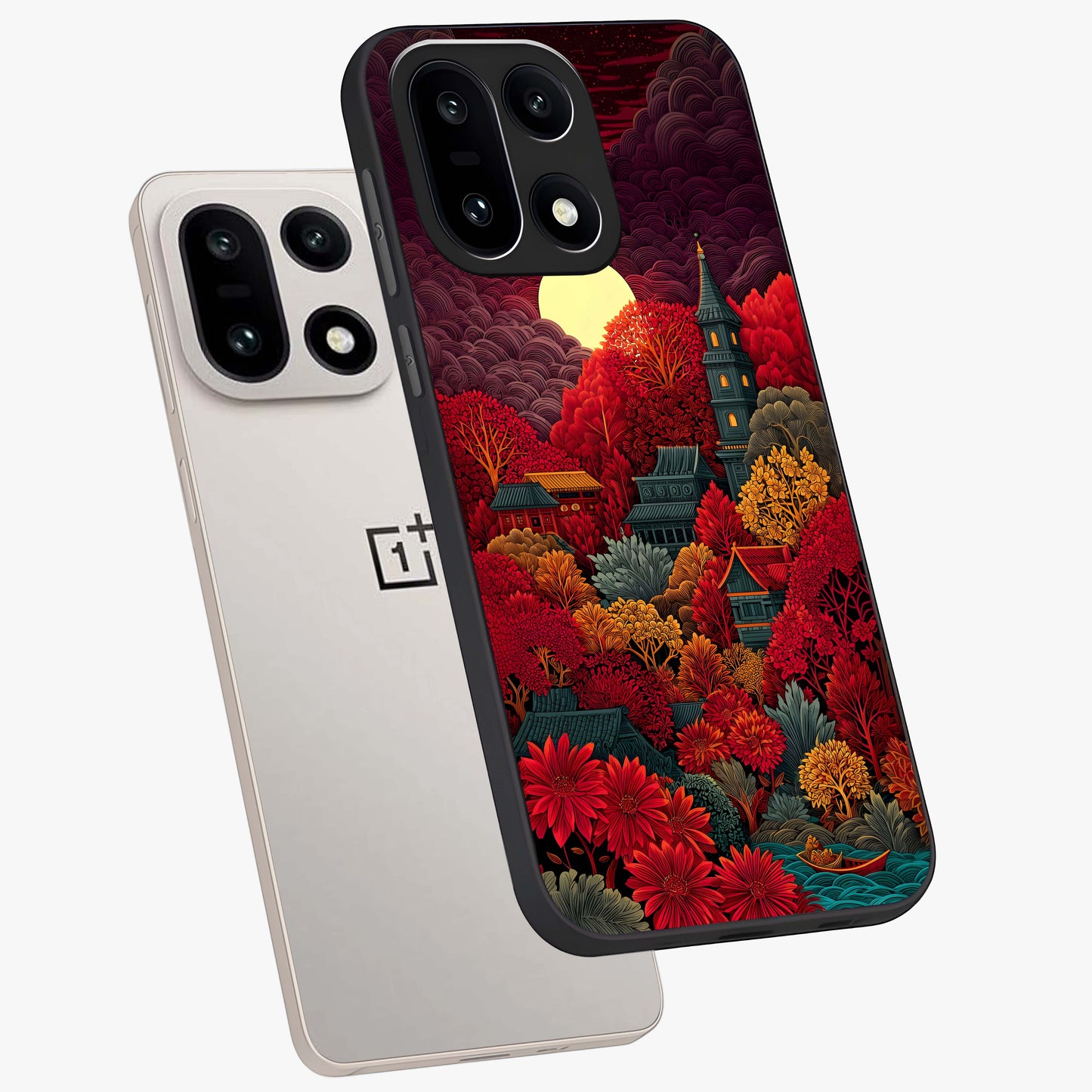 Red Scenery Hot Glass Case for 1+15 angled mockup showcasing glossy finish and intense sunset tones