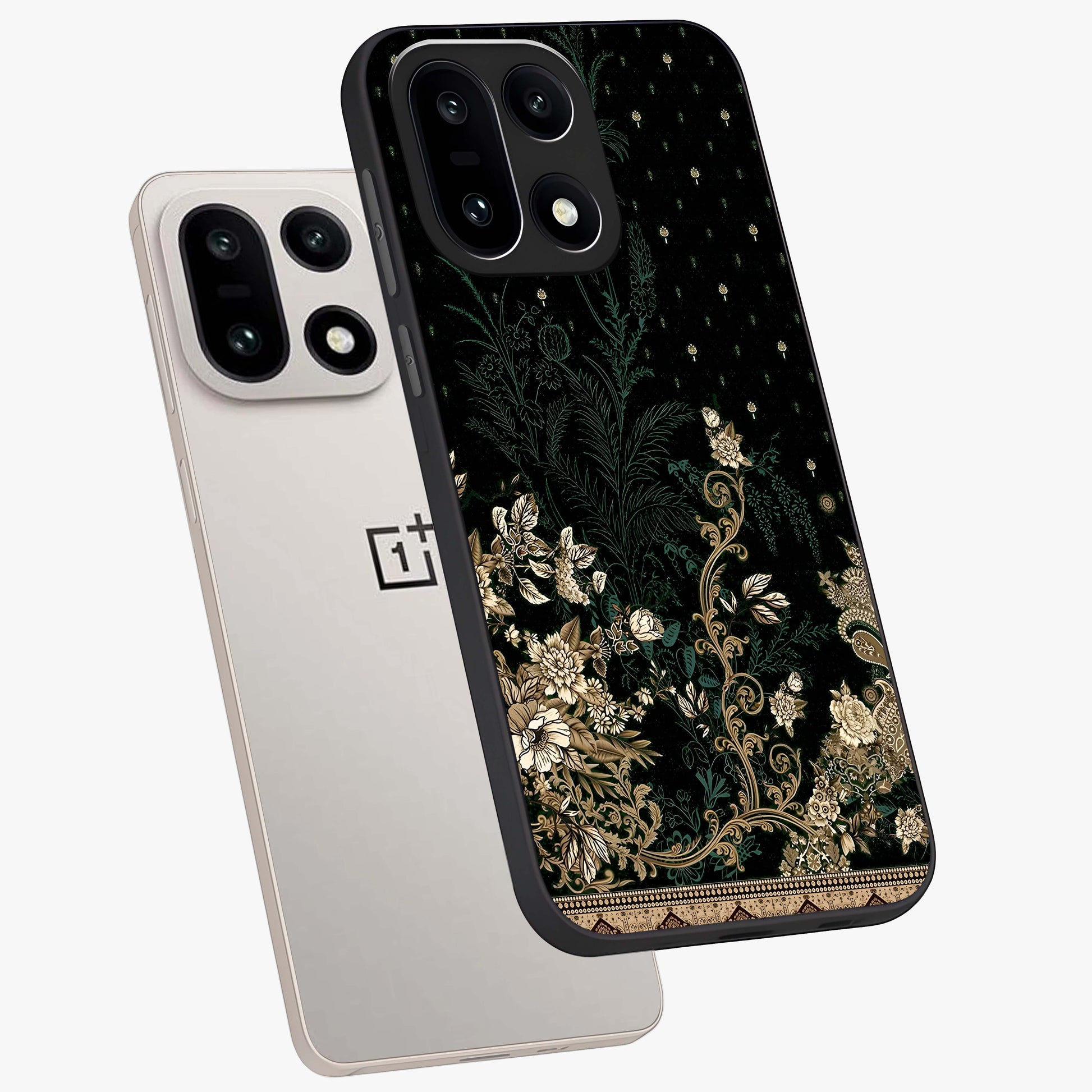 Regal Botanical Tapestry Glass Case for 1+15 angled mockup showcasing glossy finish and rich heritage tones