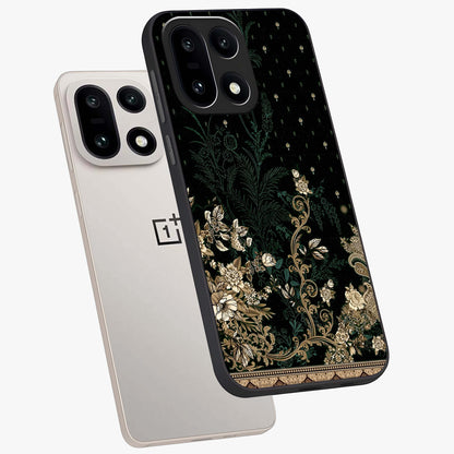 Regal Botanical Tapestry Glass Case for 1+15 angled mockup showcasing glossy finish and rich heritage tones