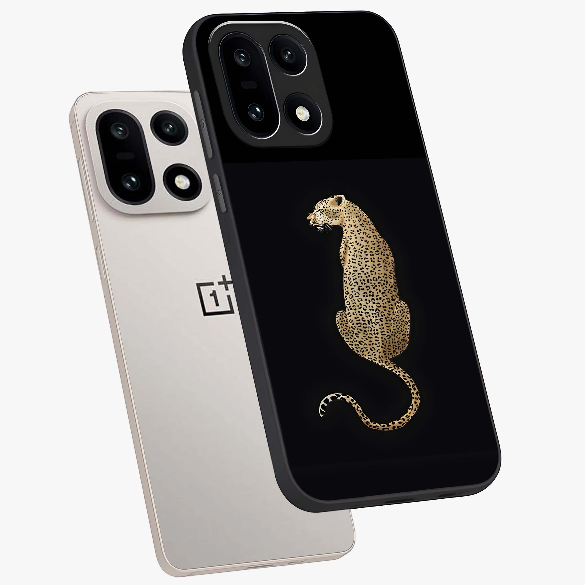 Regal Leopard Glass Case for 1+15 angled mockup showcasing glossy glass finish and detailed animal textures