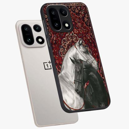 Regal Stallion Tapestry Glass Case for 1+15 angled mockup showcasing glossy finish and rich ornamental tones