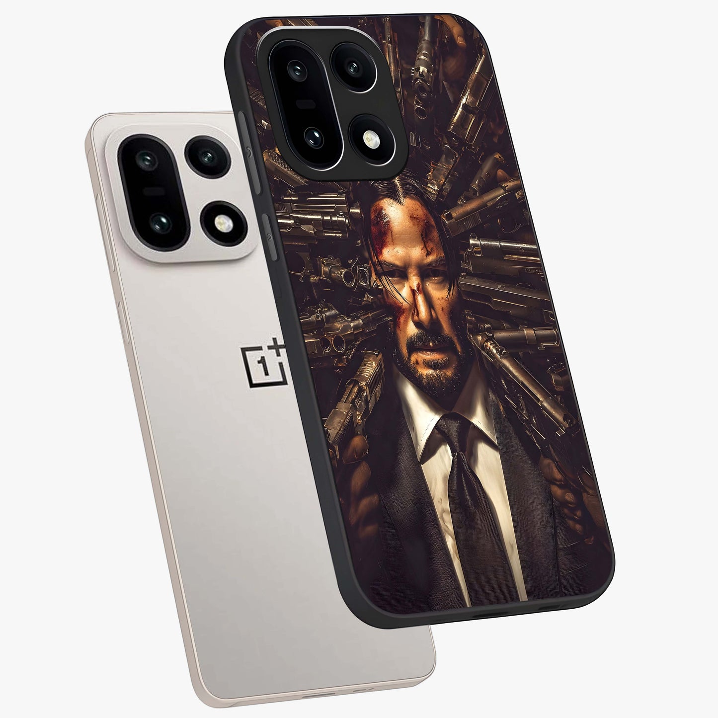 Relentless Shadow Assassin Glass Case for 1+15 angled mockup showcasing glossy finish and dramatic shadow detailing