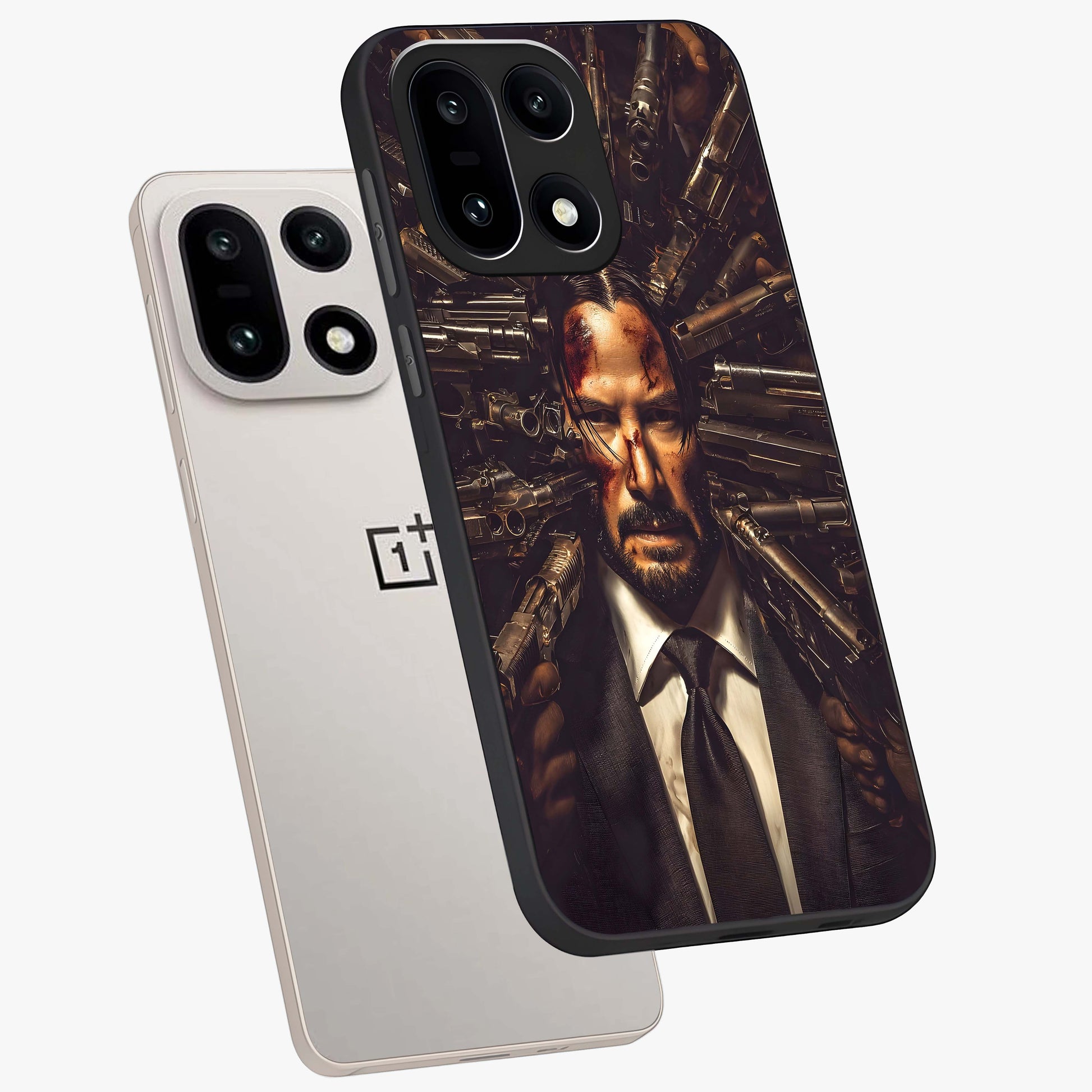 Relentless Shadow Assassin Glass Case for 1+15 angled mockup showcasing glossy finish and dramatic shadow detailing