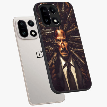Relentless Shadow Assassin Glass Case for 1+15 angled mockup showcasing glossy finish and dramatic shadow detailing
