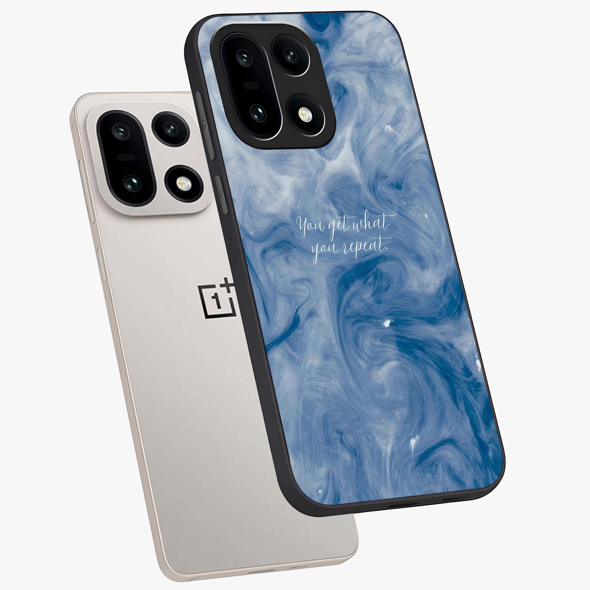 Repeat Your Destiny Glass Case for 1+15 angled mockup showcasing glossy finish and clean modern detailing