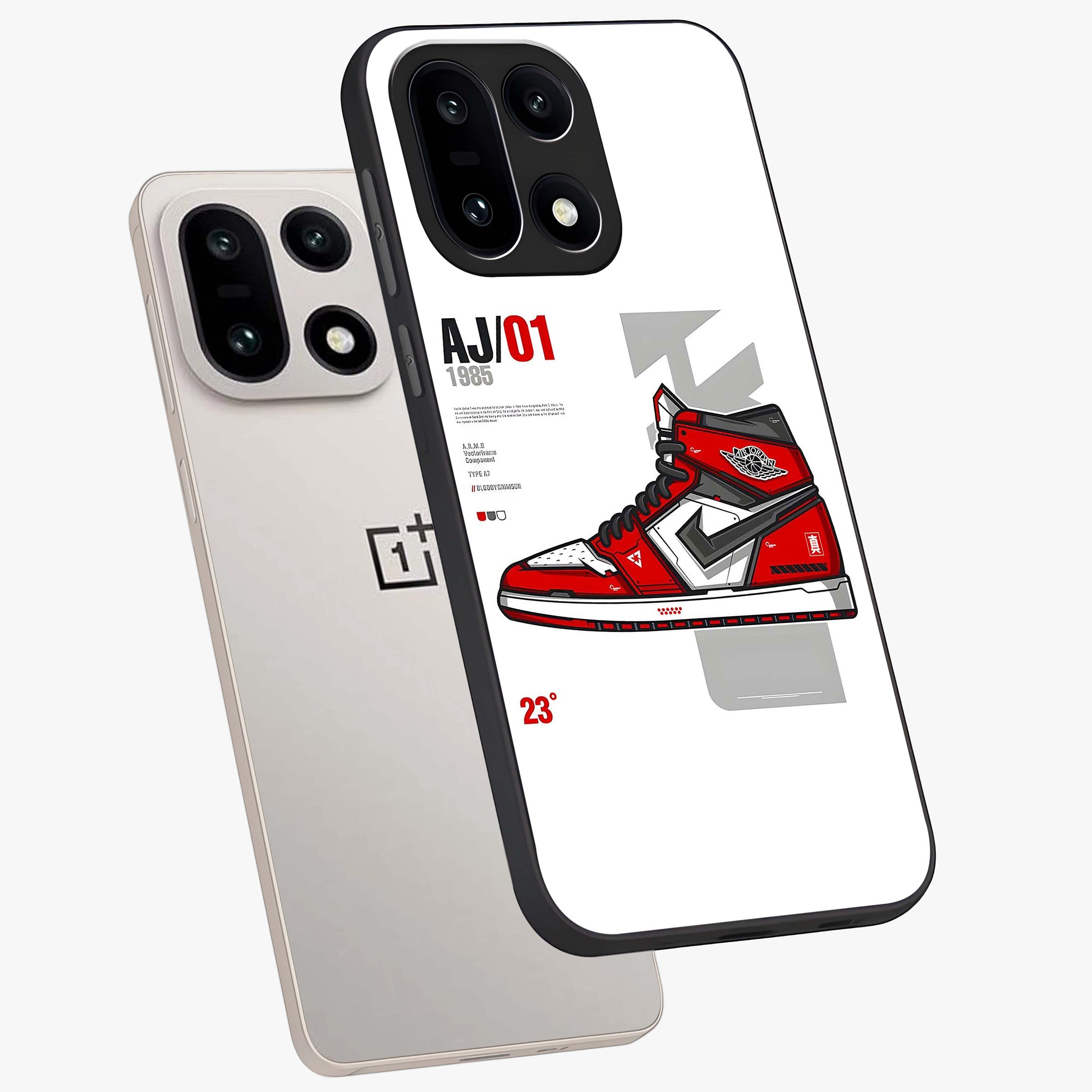 Retro Sneaker Blueprint Glass Case for 1+15 angled mockup showcasing glossy finish and sporty retro detailing