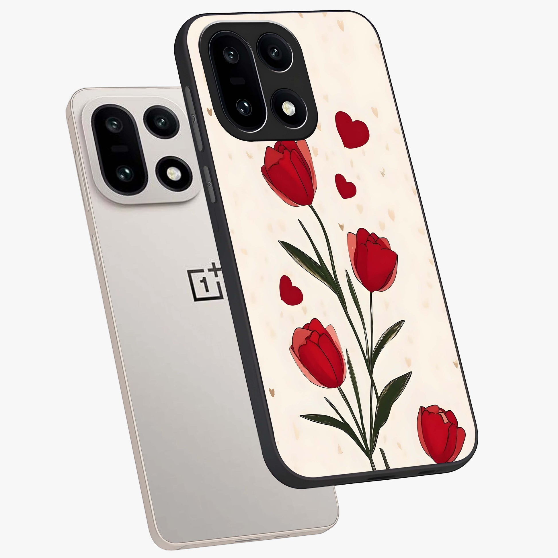 Romantic Tulip Hearts Glass Case for 1+15 angled mockup showcasing glossy glass finish and soft romantic tones