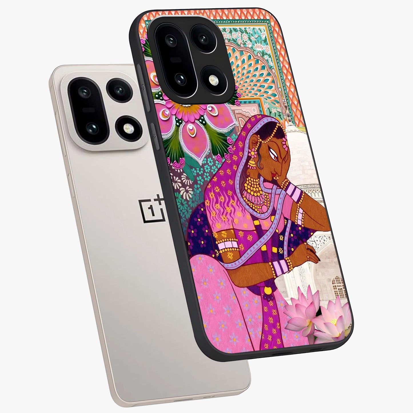 Royal Lotus Muse Glass Case for 1+15 angled mockup showcasing glossy finish and refined floral tones