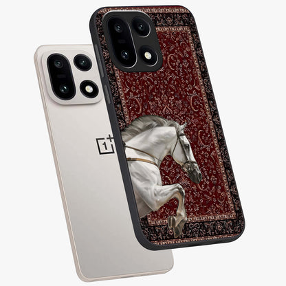 Royal Ride Rug Glass Case for 1+15 angled mockup showcasing glossy finish and rich ornamental tones