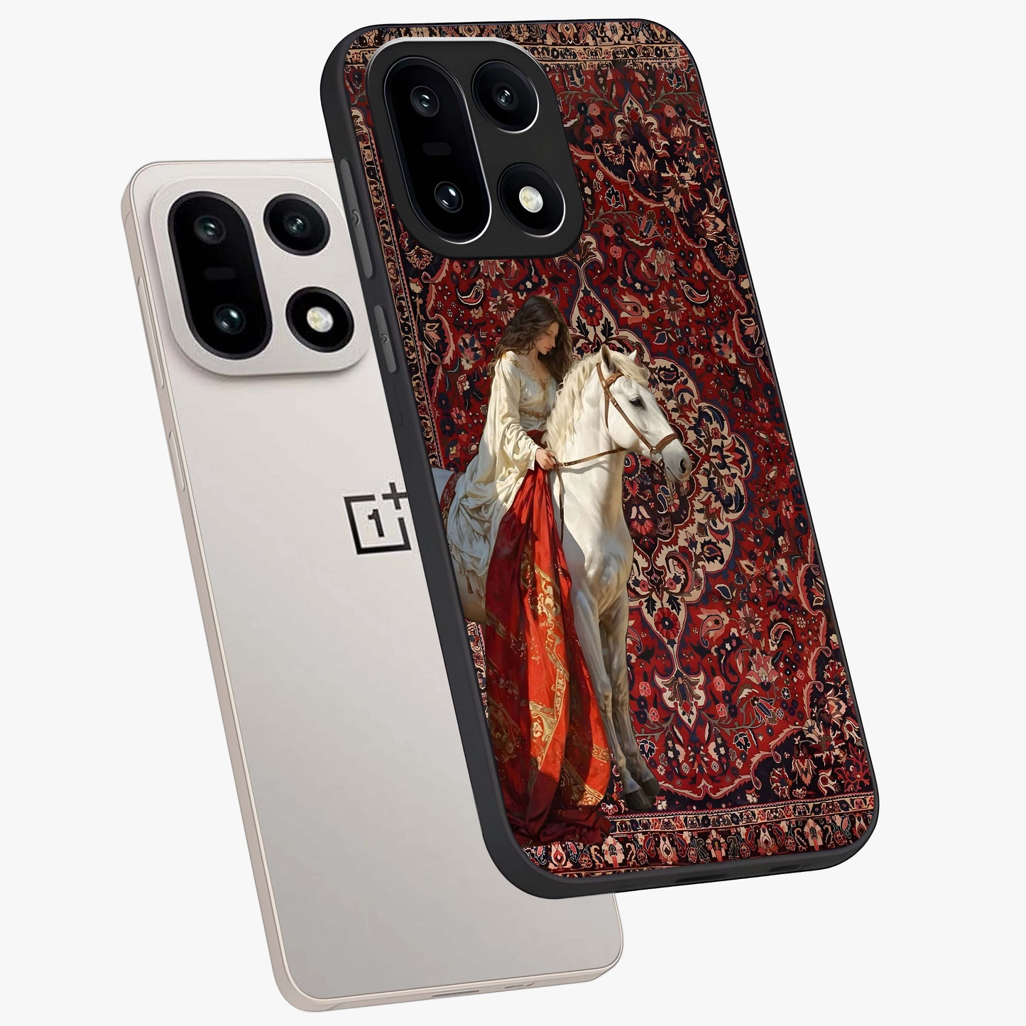 Royal Rider Tapestry Glass Case for 1+15 angled mockup showcasing glossy finish and heritage inspired detailing